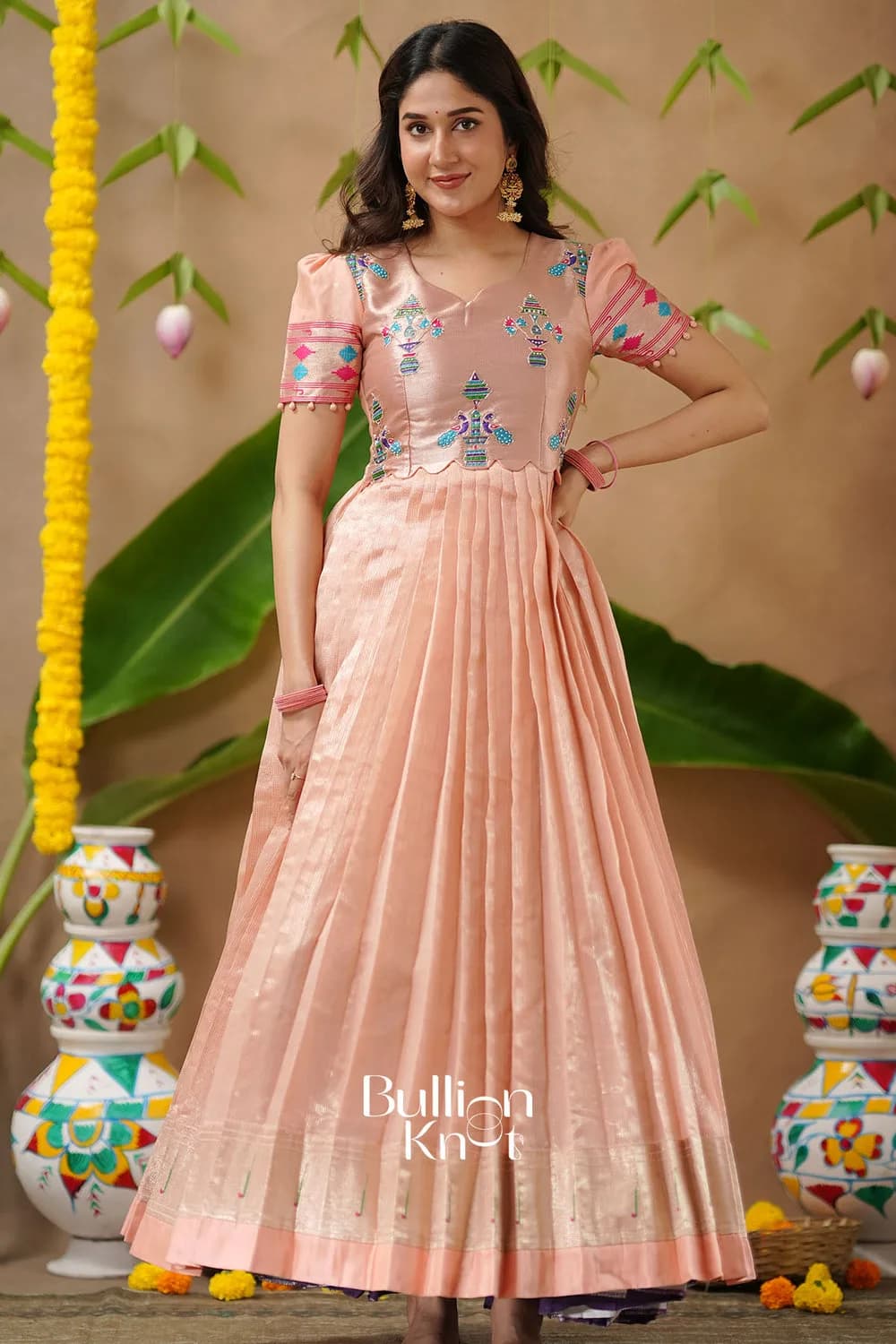Hansmukti | Paithani Silk Anarkali Dress in Peach with Dupatta — 3