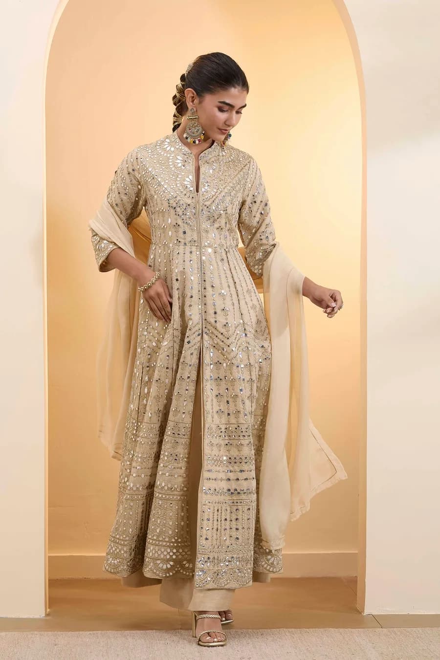 Beige Cotton Zari Tissue Kalidar Kurta Set — 3