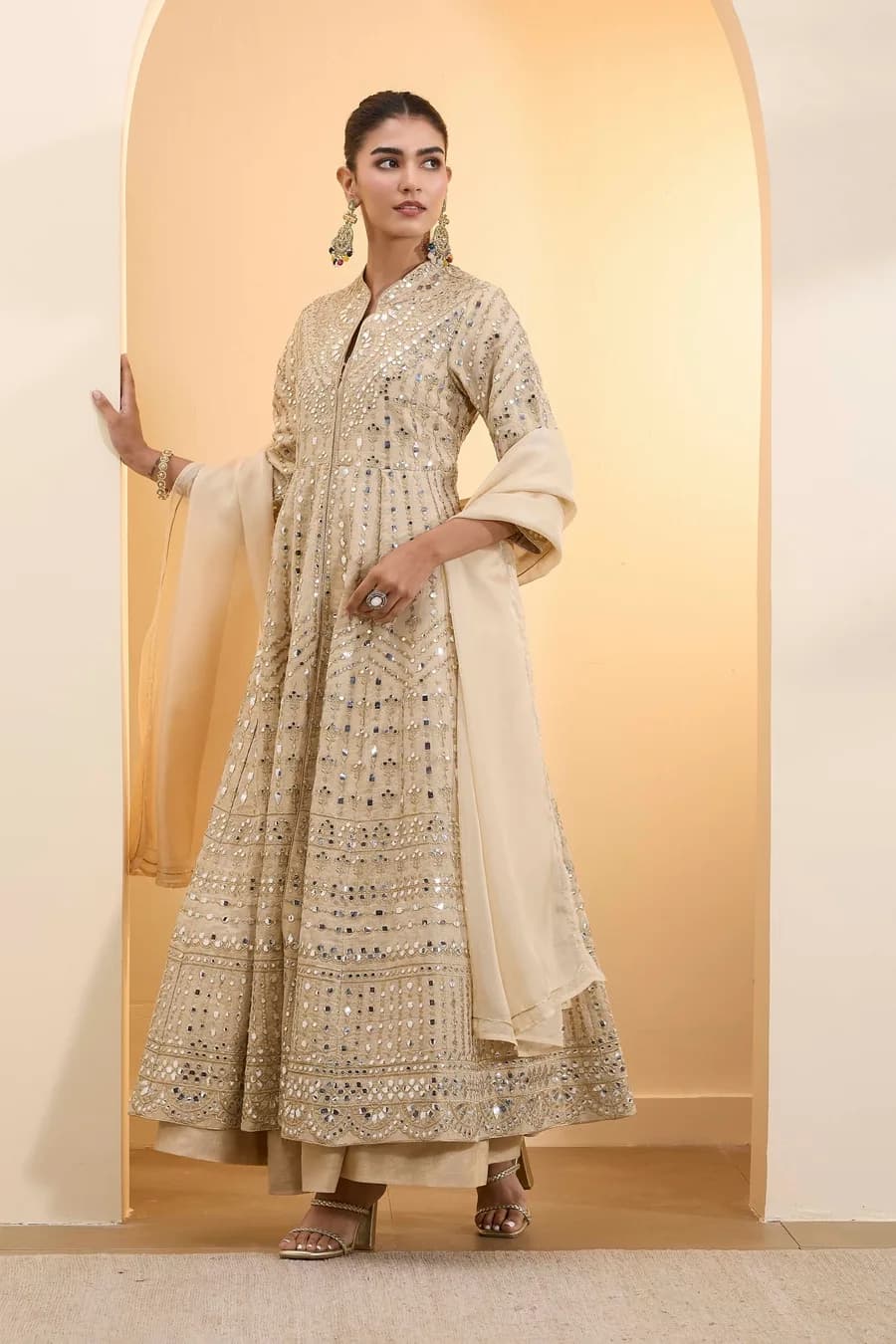 Beige Cotton Zari Tissue Kalidar Kurta Set — 1
