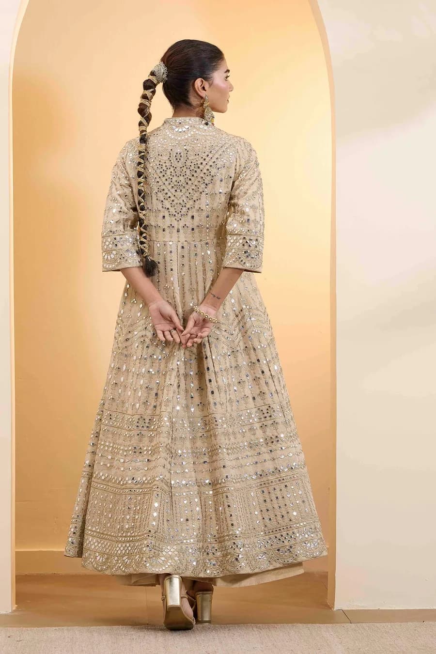 Beige Cotton Zari Tissue Kalidar Kurta Set — 5