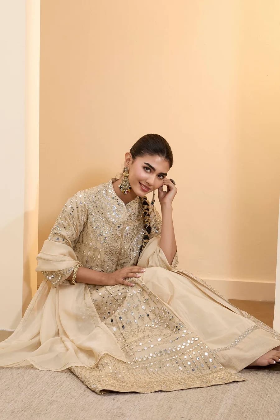 Beige Cotton Zari Tissue Kalidar Kurta Set — 2