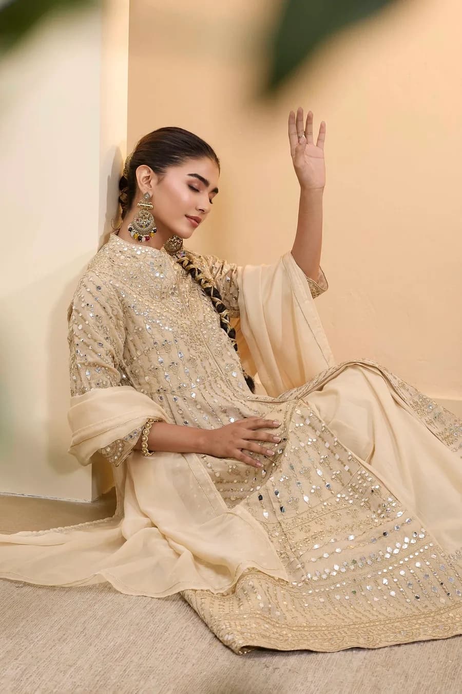 Beige Cotton Zari Tissue Kalidar Kurta Set — 6