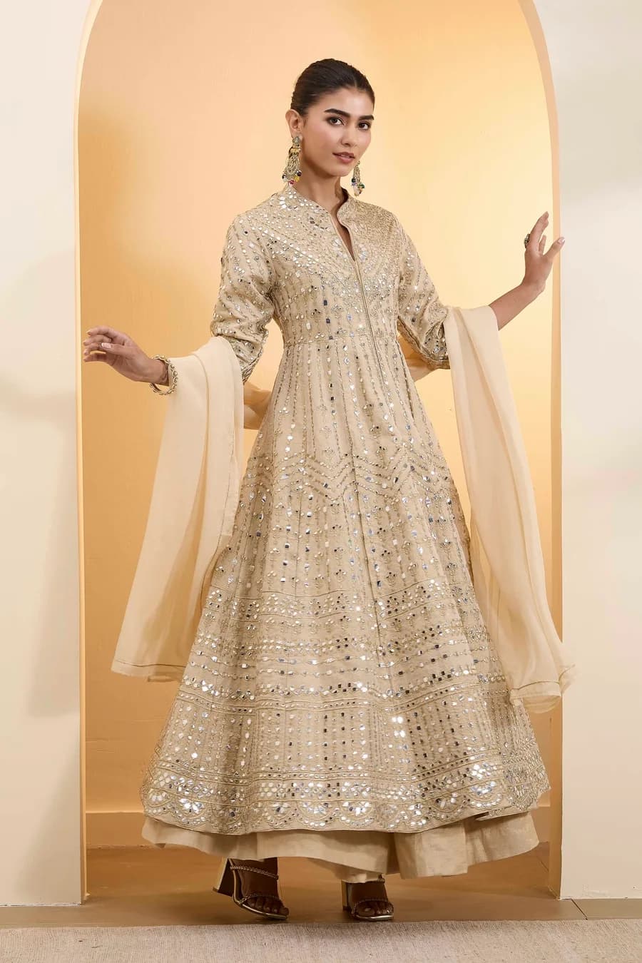 Beige Cotton Zari Tissue Kalidar Kurta Set — 7
