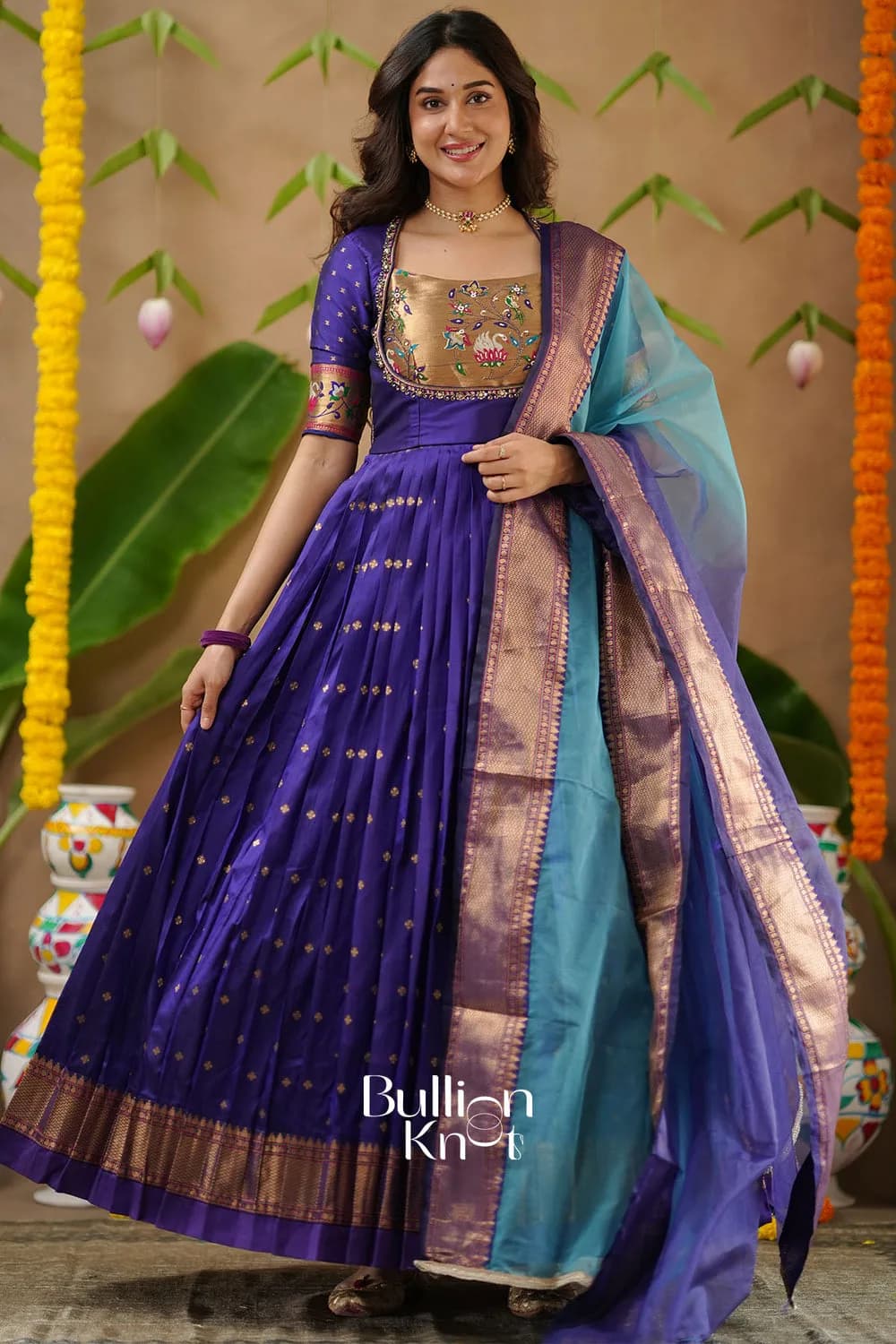 Kanika | Soft Silk Blue Anarkali Dress with Dupatta for Celebrations — 1