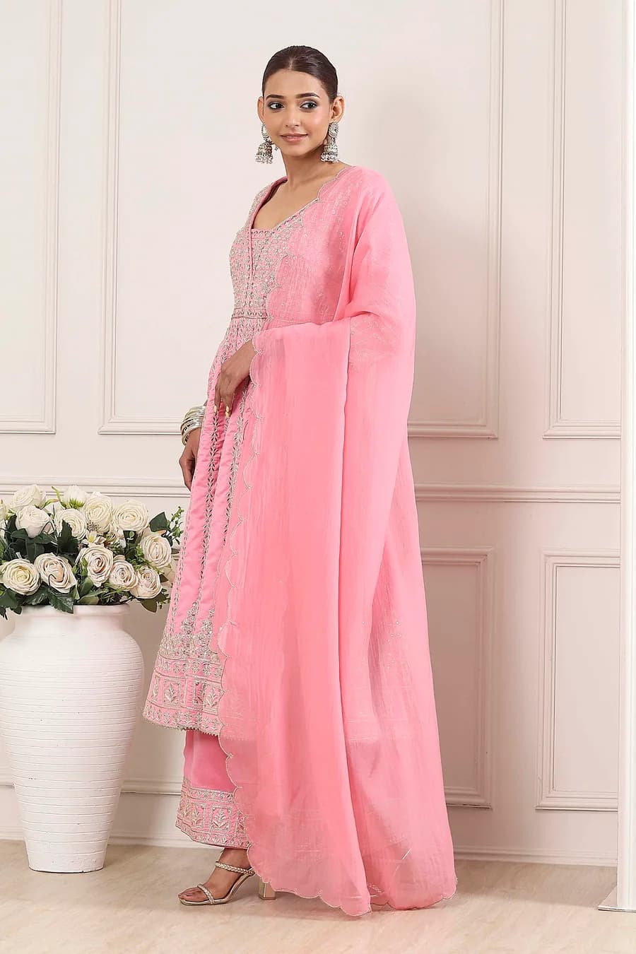 Rose Pink Cotton Silk Embroidered Anarkali Suit Set — 2
