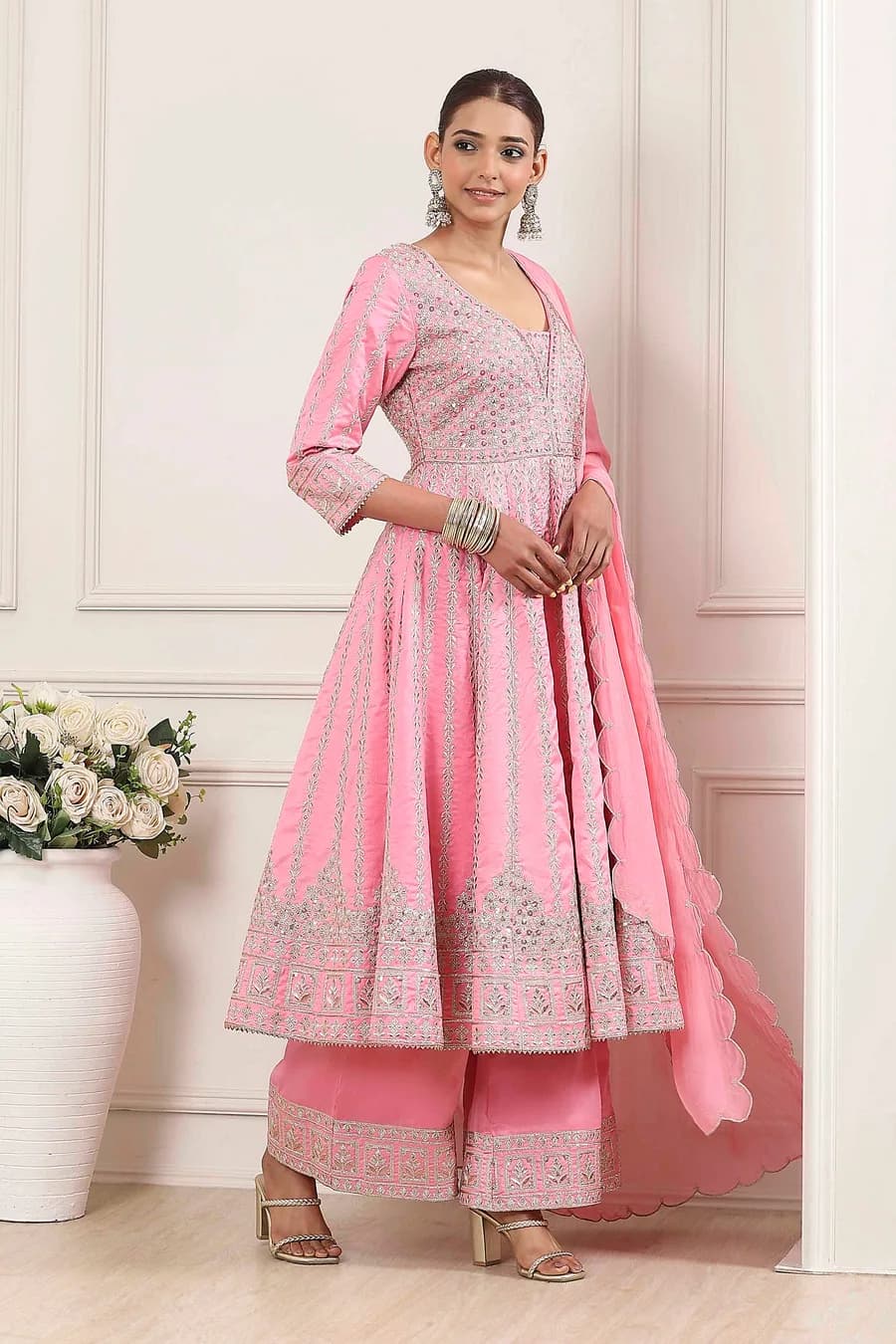 Rose Pink Cotton Silk Embroidered Anarkali Suit Set — 1