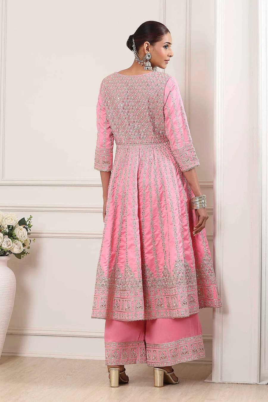 Rose Pink Cotton Silk Embroidered Anarkali Suit Set — 5