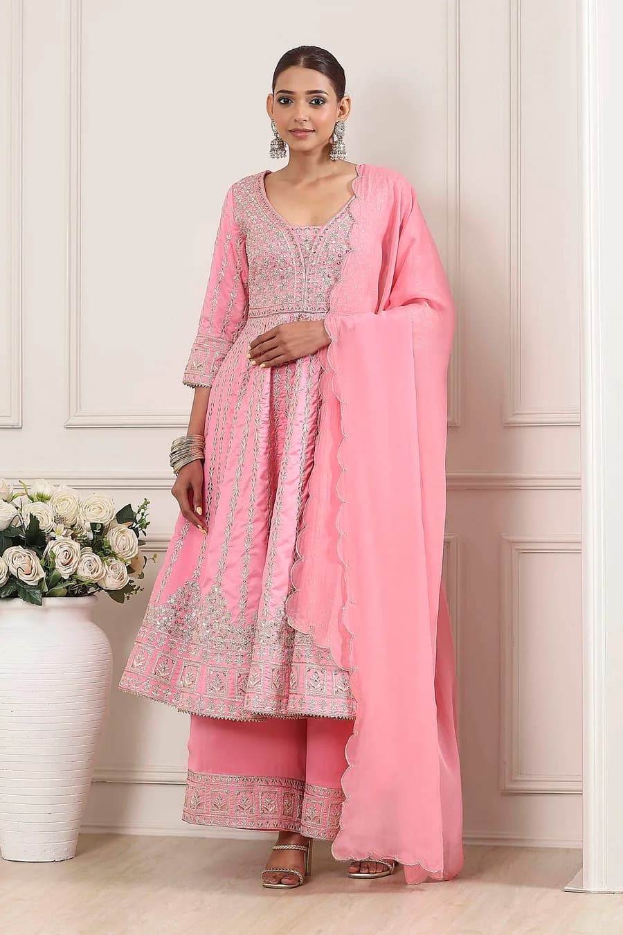 Rose Pink Cotton Silk Embroidered Anarkali Suit Set — 3