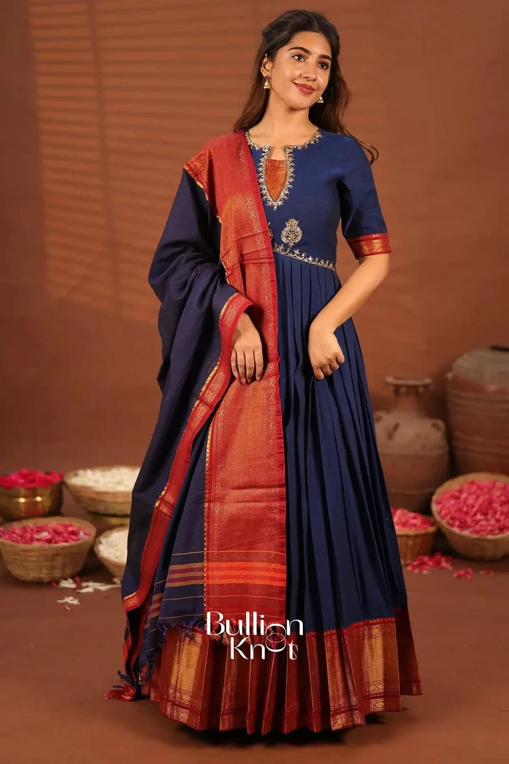 Sambhavi Blue Anarkali Suit Set with Handloom Cotton — 2
