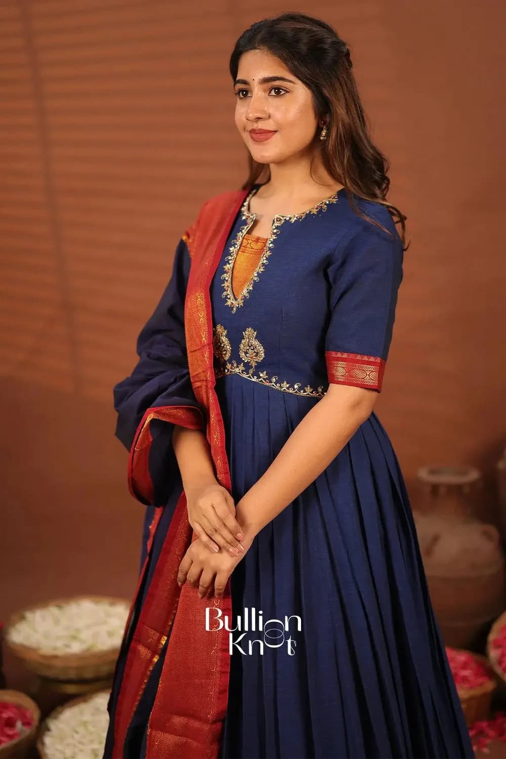 Sambhavi Blue Anarkali Suit Set with Handloom Cotton — 3