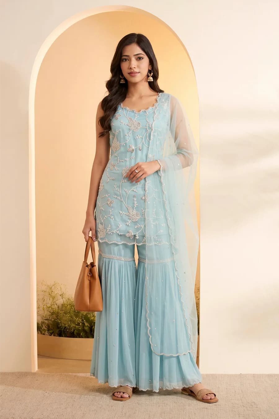 Powder Blue Nylon Embroidered Sharara Set with Net Dupatta — 1