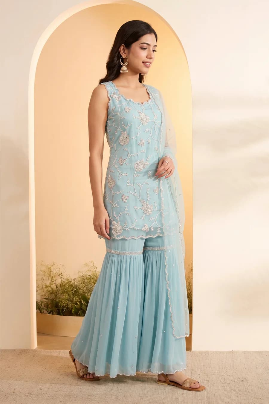 Powder Blue Nylon Embroidered Sharara Set with Net Dupatta — 6