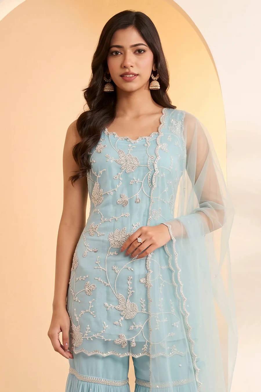 Powder Blue Nylon Embroidered Sharara Set with Net Dupatta — 2