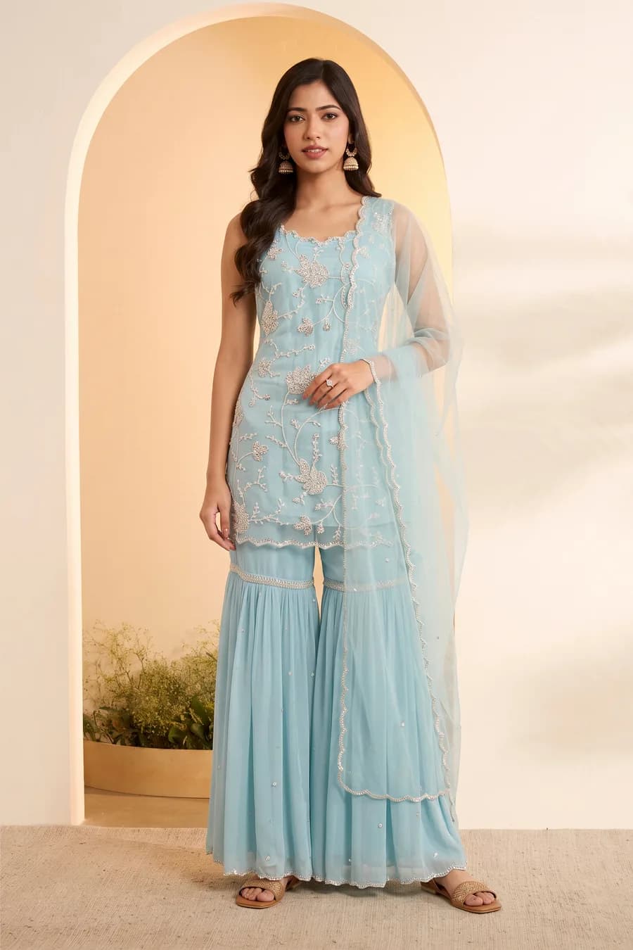 Powder Blue Nylon Embroidered Sharara Set with Net Dupatta — 3