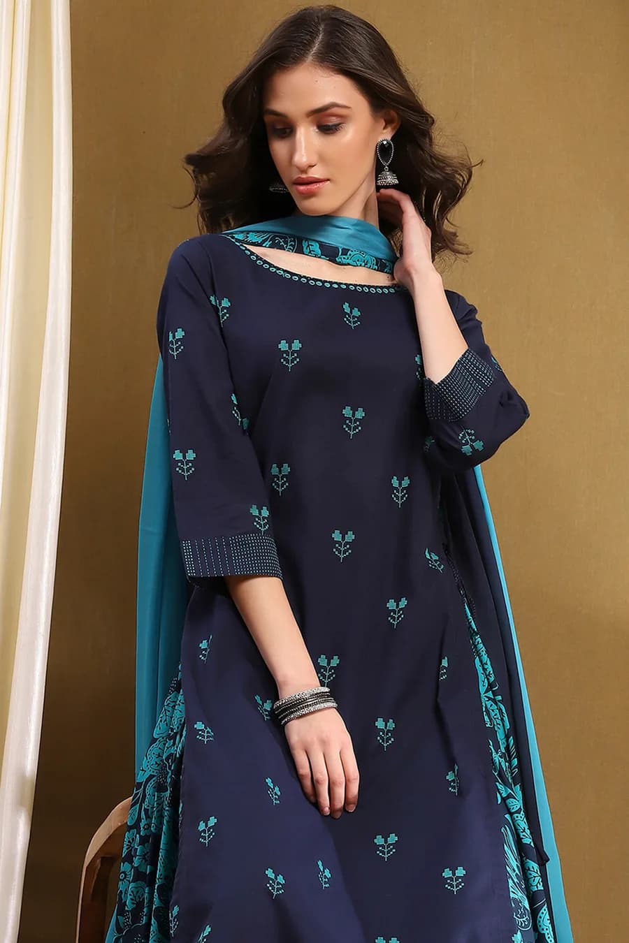 Blue Cotton Yard Dyed Straight Suit Set — 2