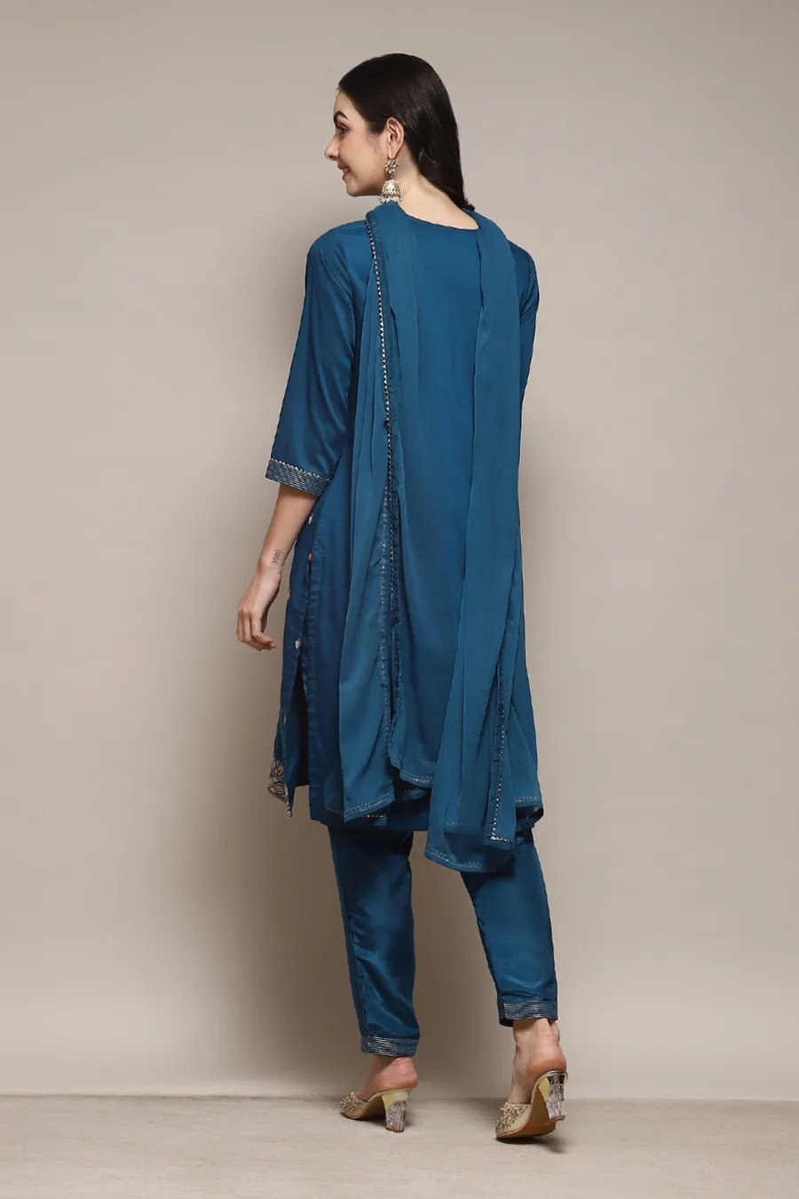 Teal Straight Kurta Pant Suit Set — 2