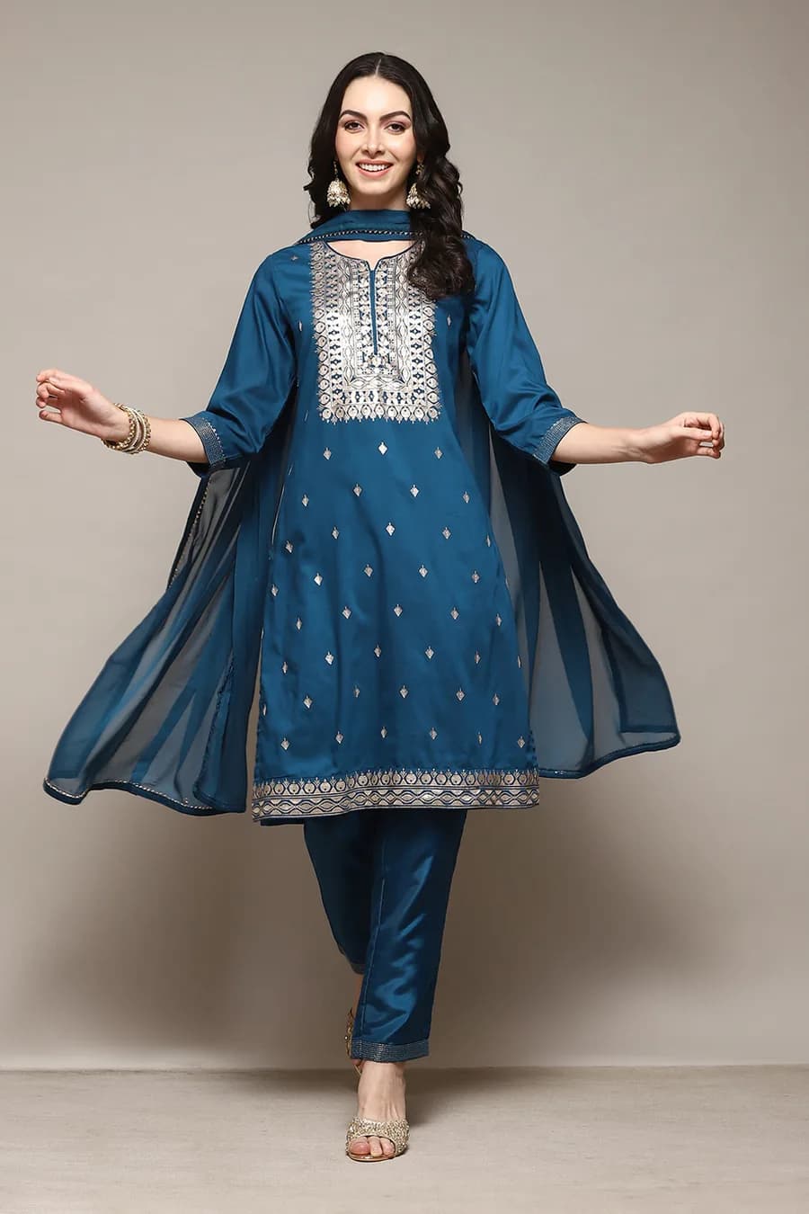 Teal Straight Kurta Pant Suit Set — 3