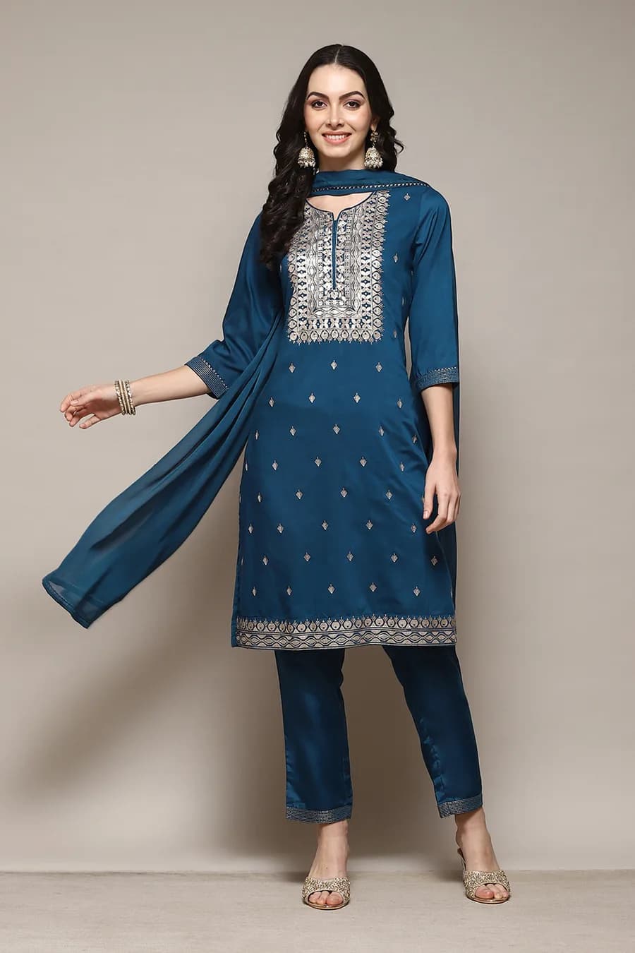 Teal Straight Kurta Pant Suit Set — 4