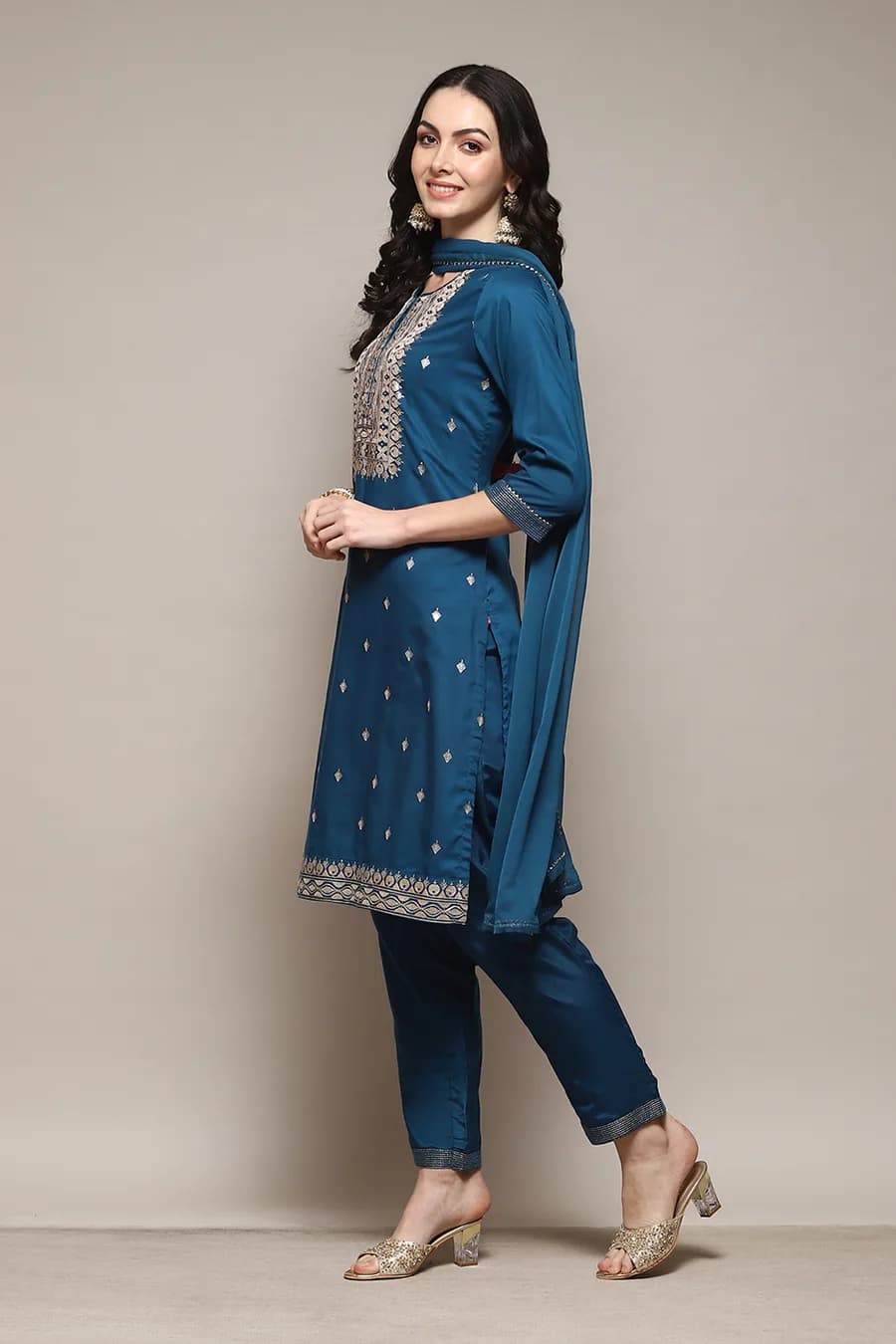 Teal Straight Kurta Pant Suit Set — 5