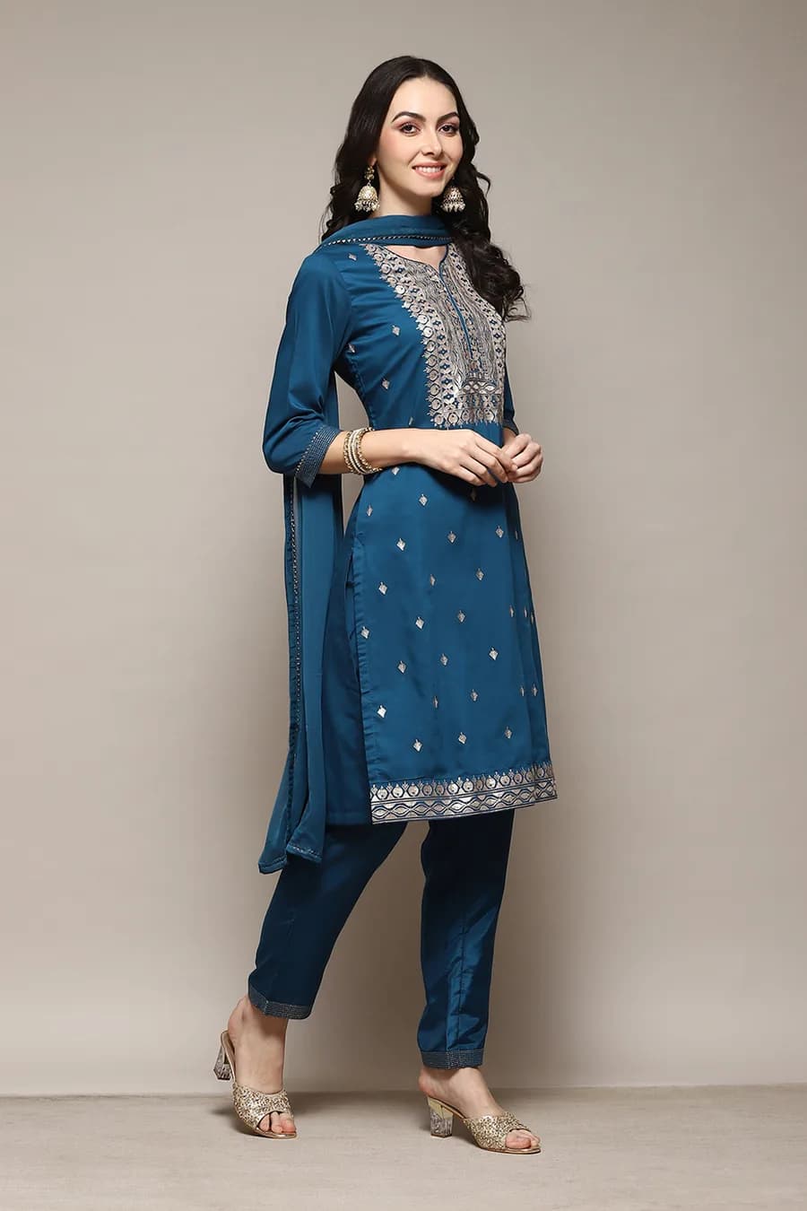 Teal Straight Kurta Pant Suit Set — 1