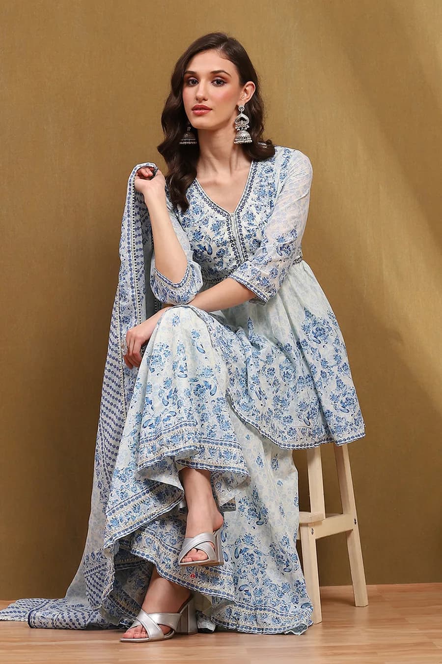 Aqua Blue Cotton Floral Printed Peplum Flared Suit Set — 3