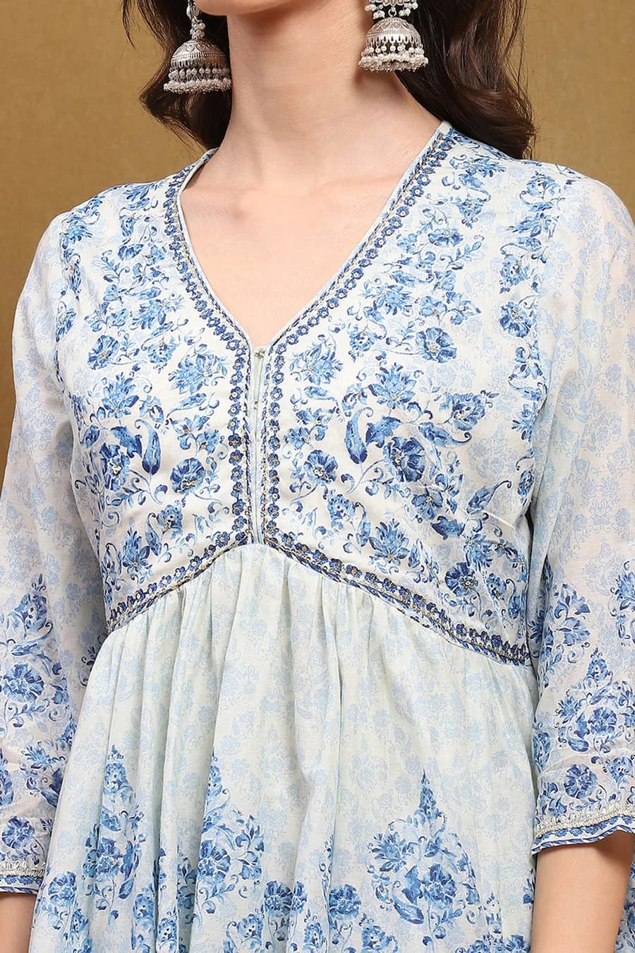 Aqua Blue Cotton Floral Printed Peplum Flared Suit Set — 7