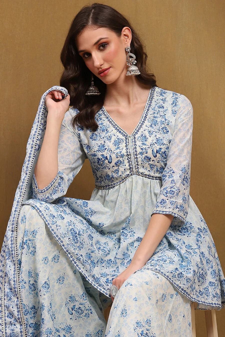 Aqua Blue Cotton Floral Printed Peplum Flared Suit Set — 5