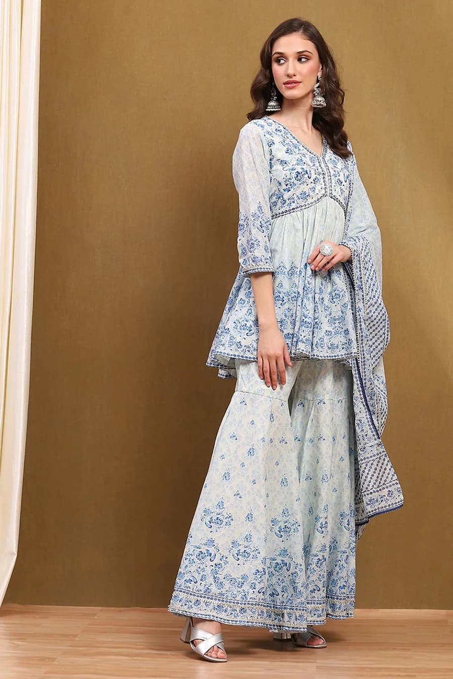 Aqua Blue Cotton Floral Printed Peplum Flared Suit Set — 1
