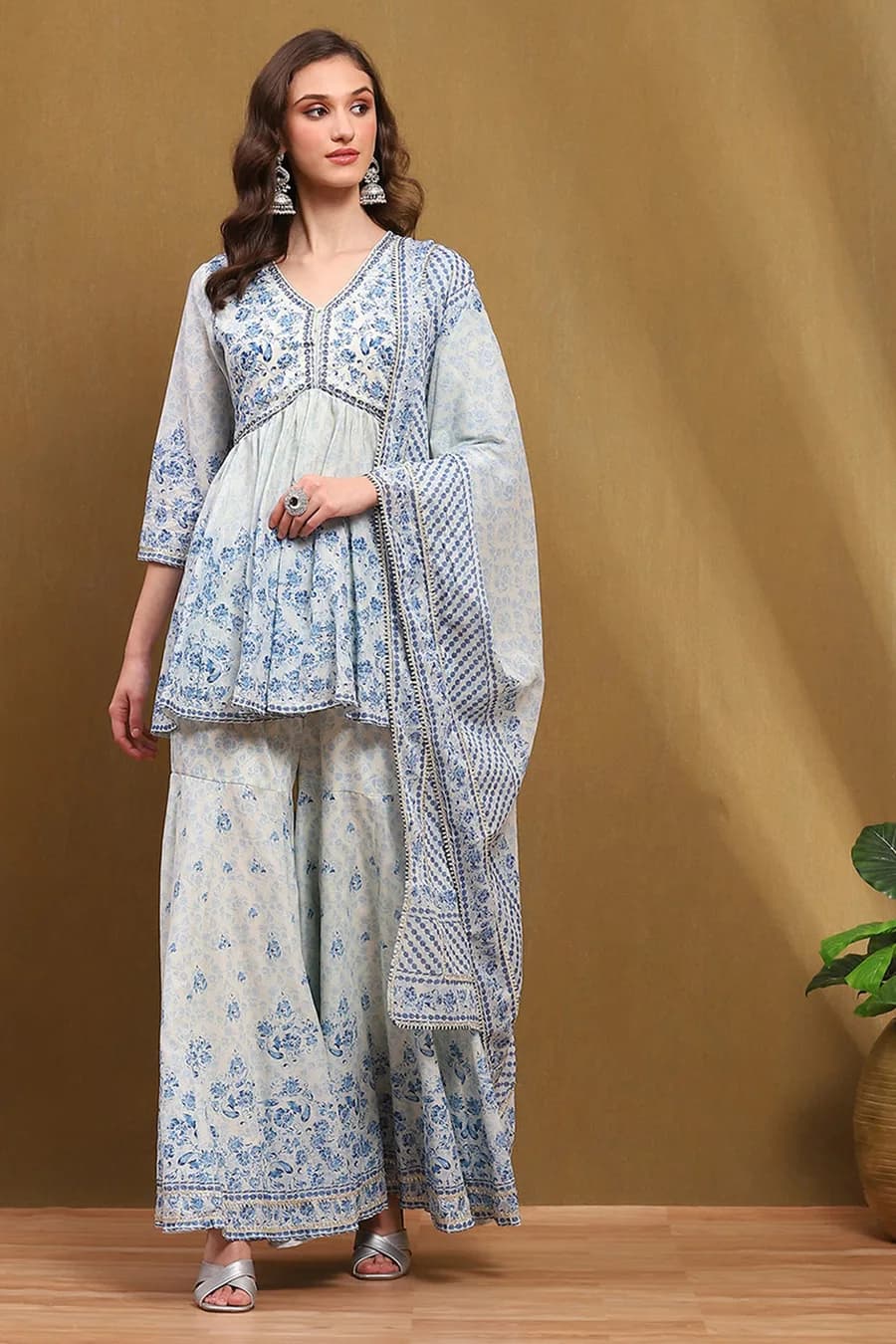 Aqua Blue Cotton Floral Printed Peplum Flared Suit Set — 8