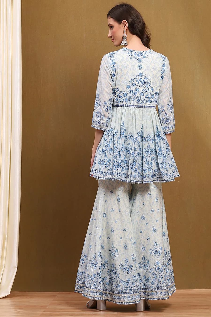 Aqua Blue Cotton Floral Printed Peplum Flared Suit Set — 6