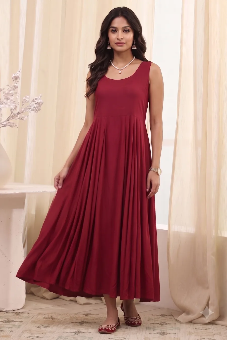 Green Maroon Polyester Straight Dress — 3