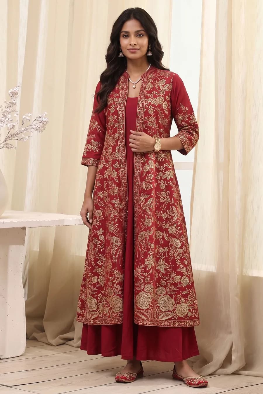 Green Maroon Polyester Straight Dress — 1
