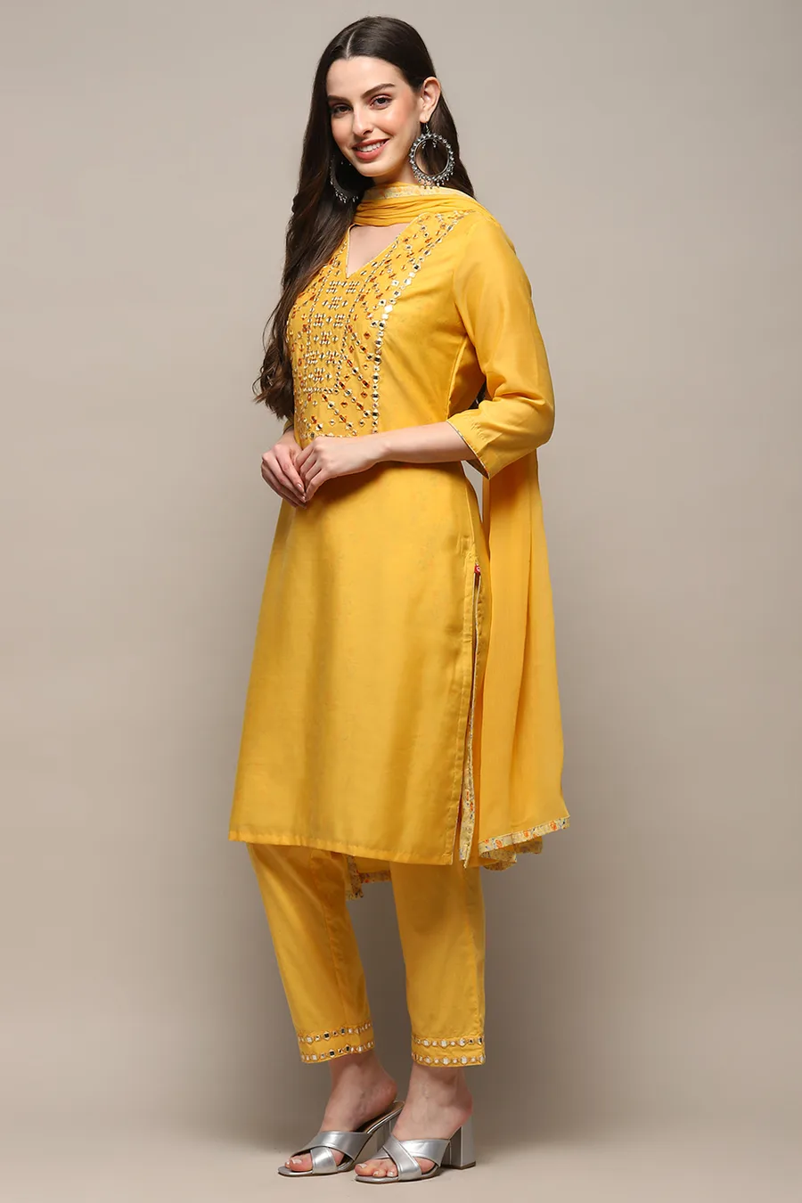 Mango Yellow Voile Narrow Kurta Pant Suit Set — 2