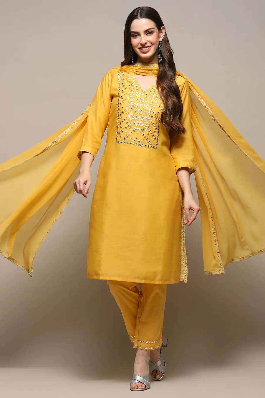 Mango Yellow Voile Narrow Kurta Pant Suit Set — 1
