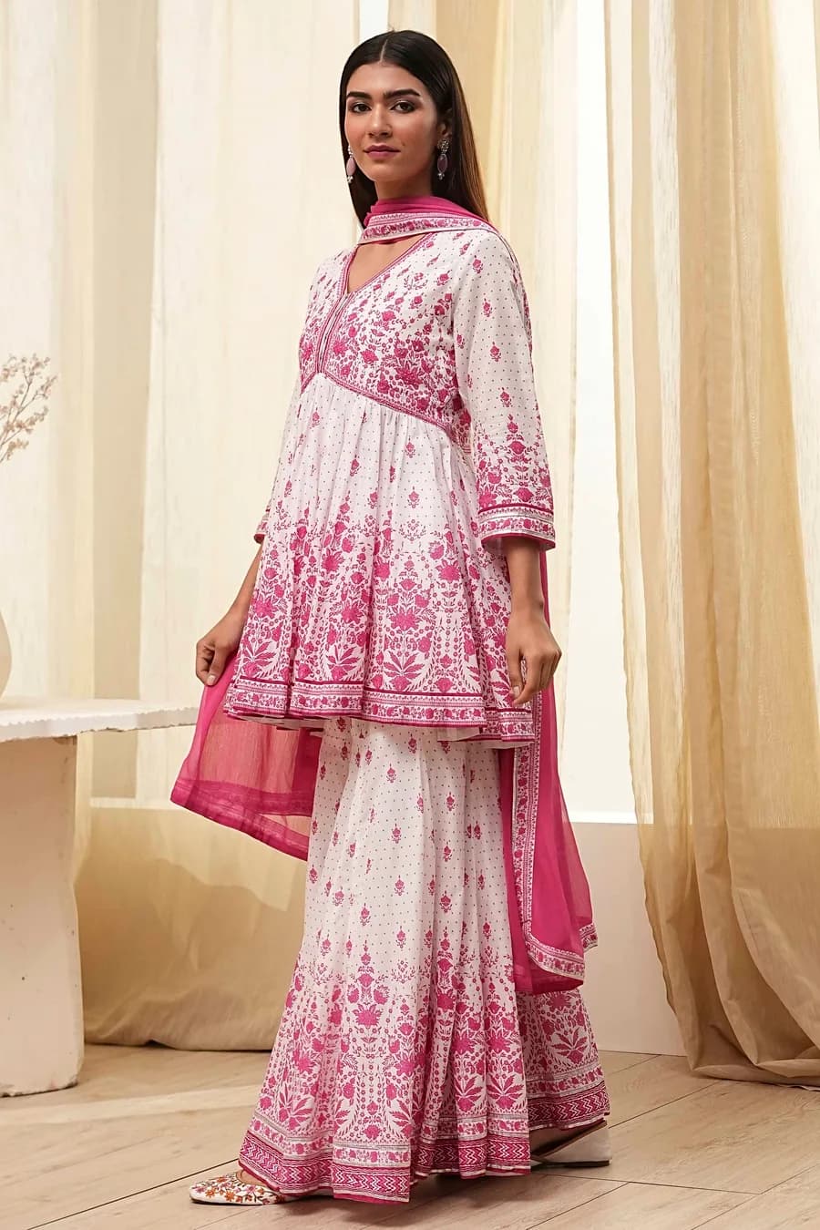 Off-White and Pink Cotton Peplum Suit Set — 2