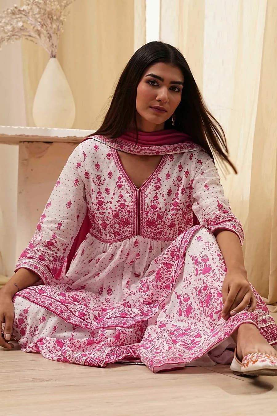 Off-White and Pink Cotton Peplum Suit Set — 4