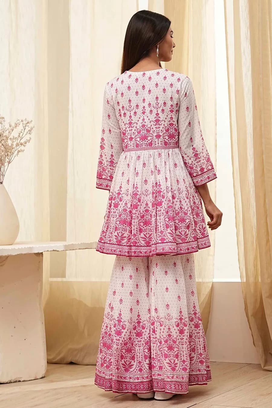 Off-White and Pink Cotton Peplum Suit Set — 3