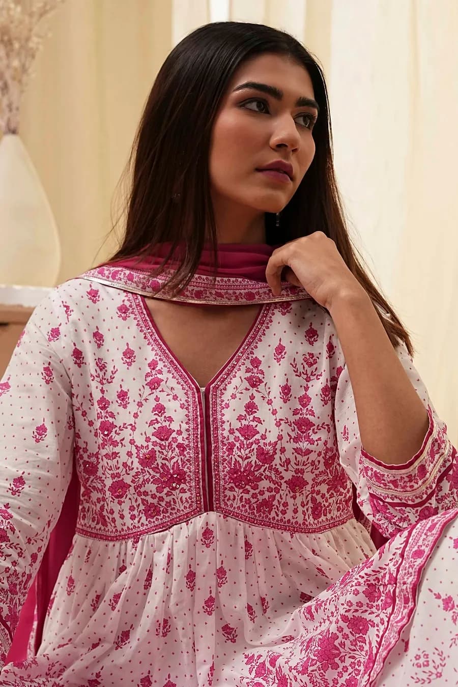 Off-White and Pink Cotton Peplum Suit Set — 5