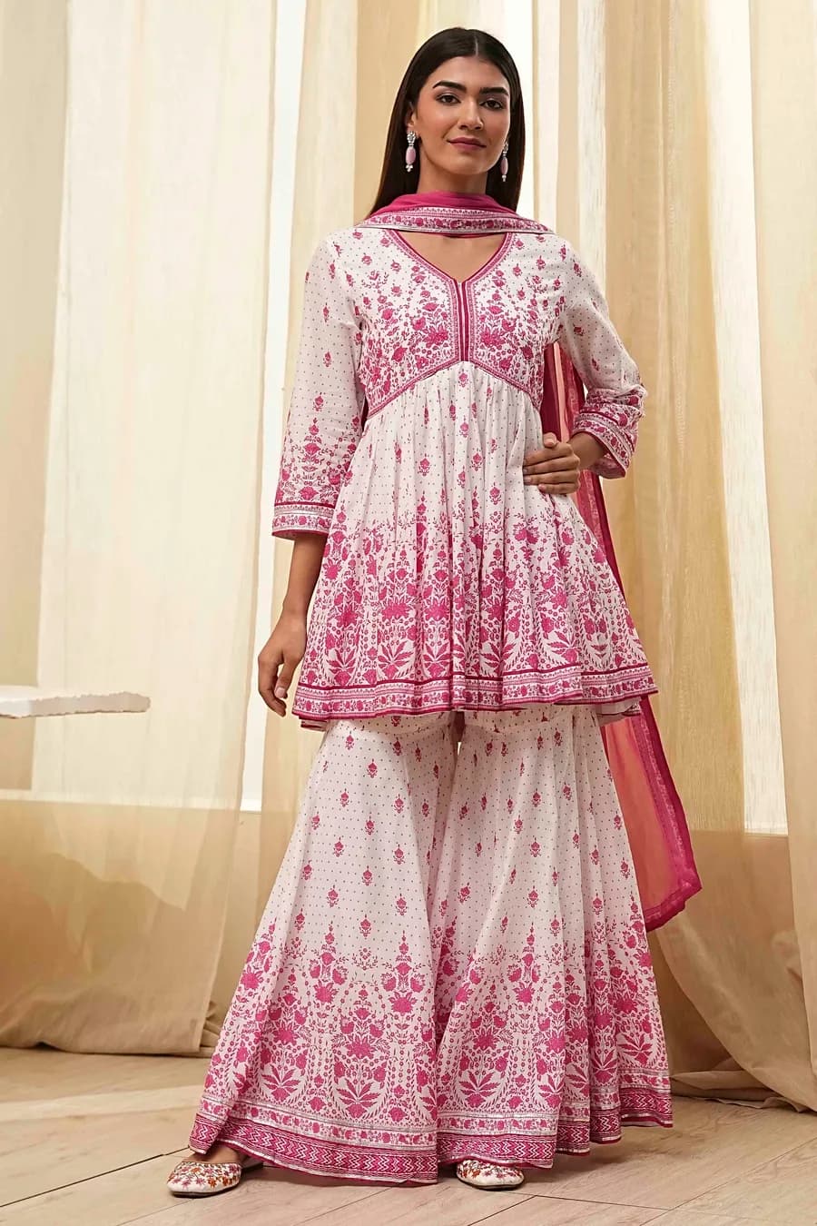 Off-White and Pink Cotton Peplum Suit Set — 1