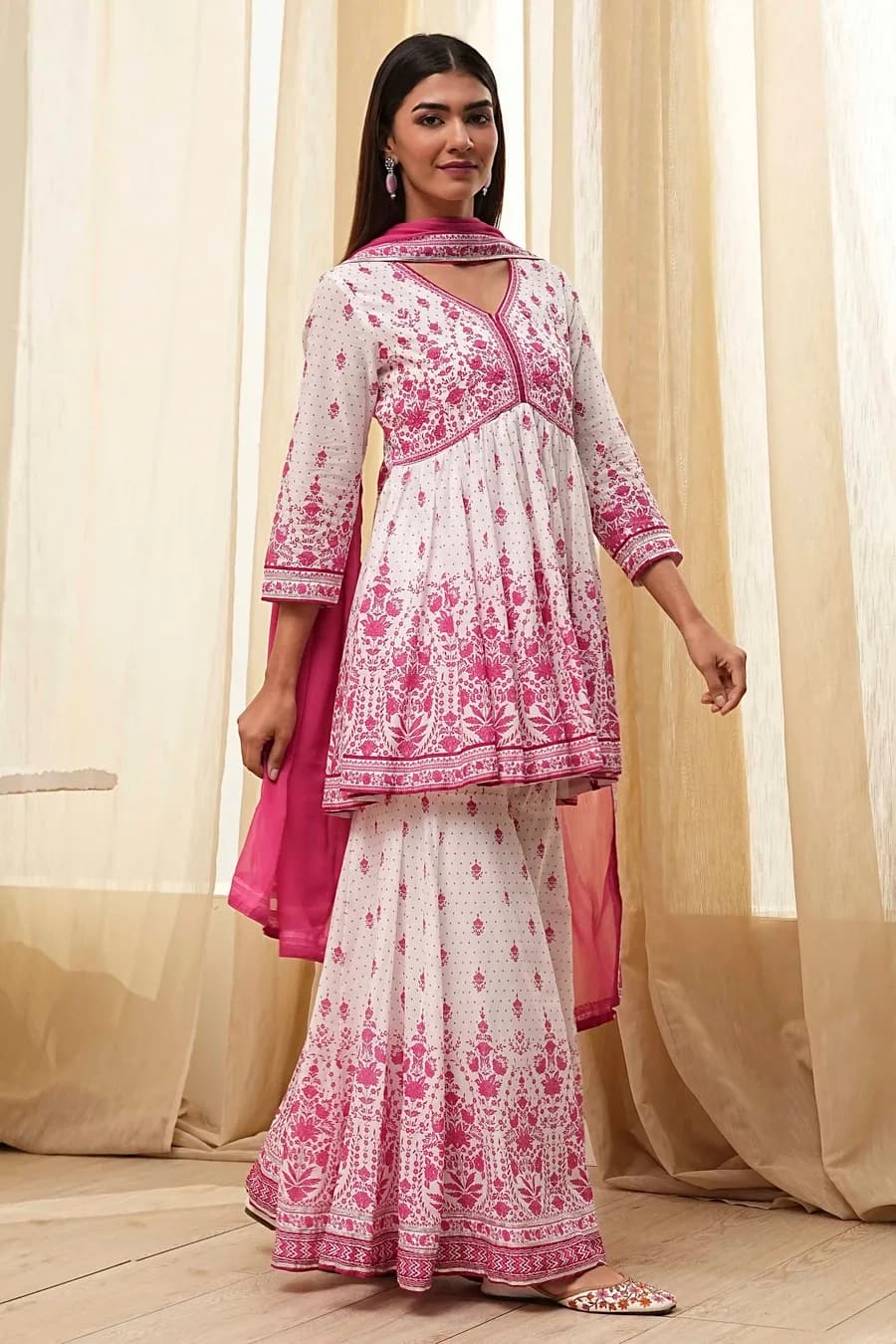 Off-White and Pink Cotton Peplum Suit Set — 7