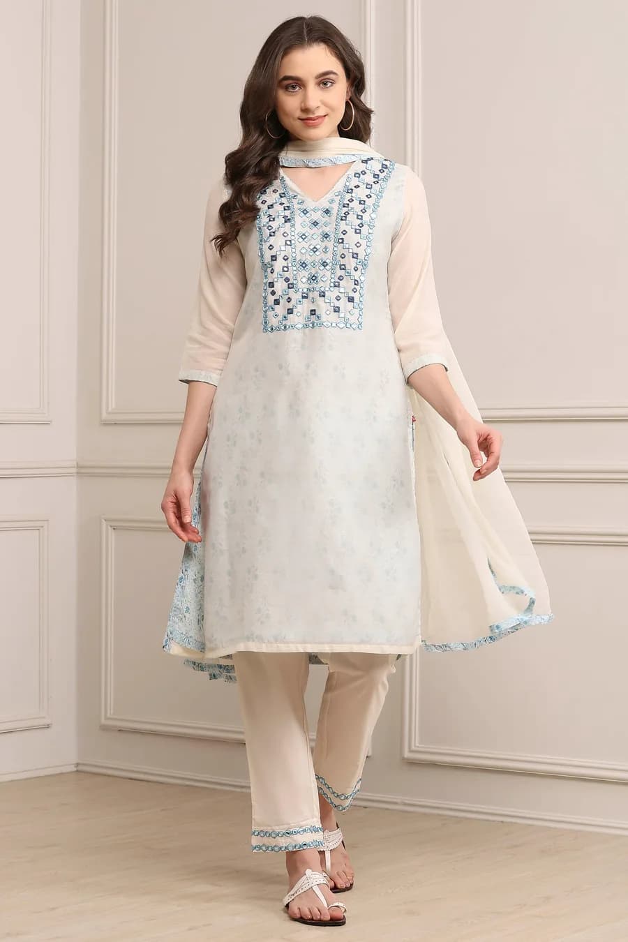 Off White Art Silk Straight Kurta Regular Pant Suit Set — 1