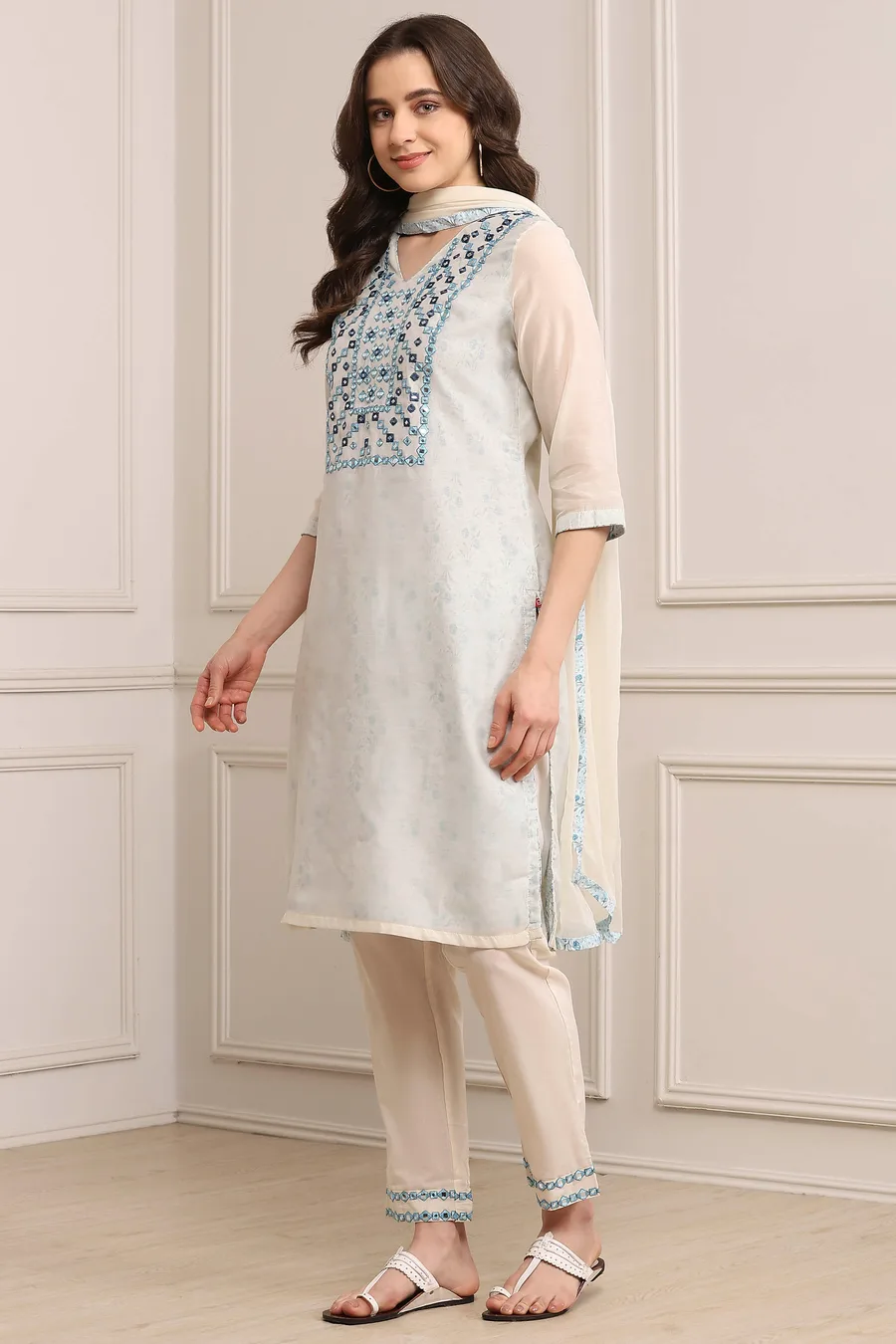 Off White Art Silk Straight Kurta Regular Pant Suit Set — 3