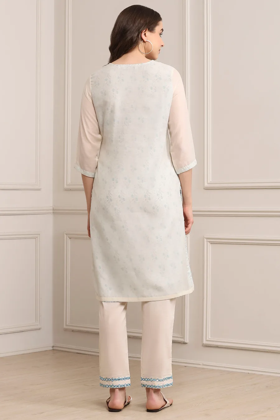 Off White Art Silk Straight Kurta Regular Pant Suit Set — 6