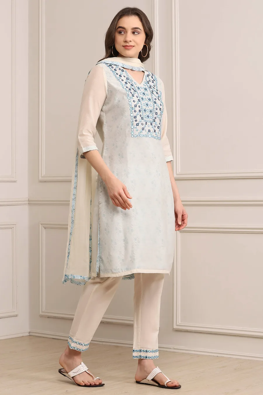 Off White Art Silk Straight Kurta Regular Pant Suit Set — 7