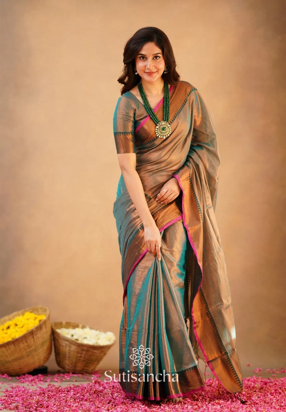 Sutisancha Rama Green Handloom Cotton Tissue Saree — 1