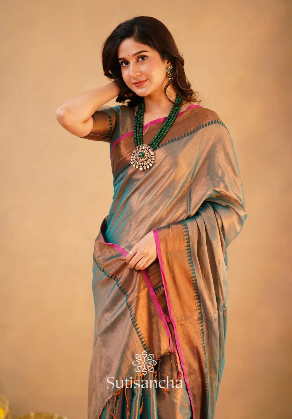 Sutisancha Rama Green Handloom Cotton Tissue Saree — 2