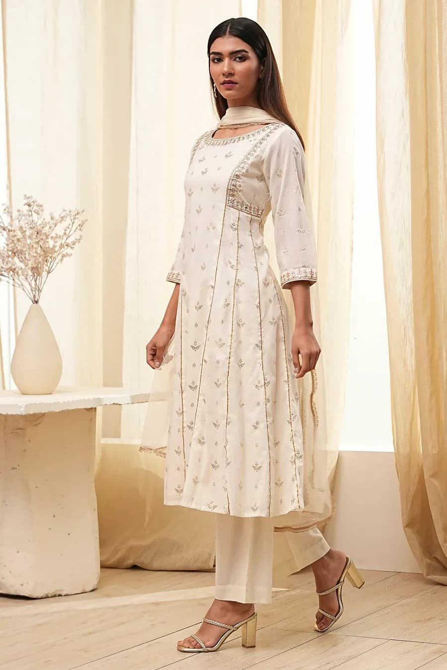 Cream-Colored Cotton Foil Printed Kalidar Suit Set — 6