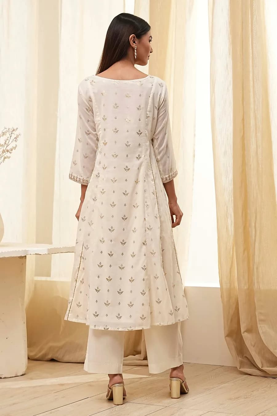 Cream-Colored Cotton Foil Printed Kalidar Suit Set — 5