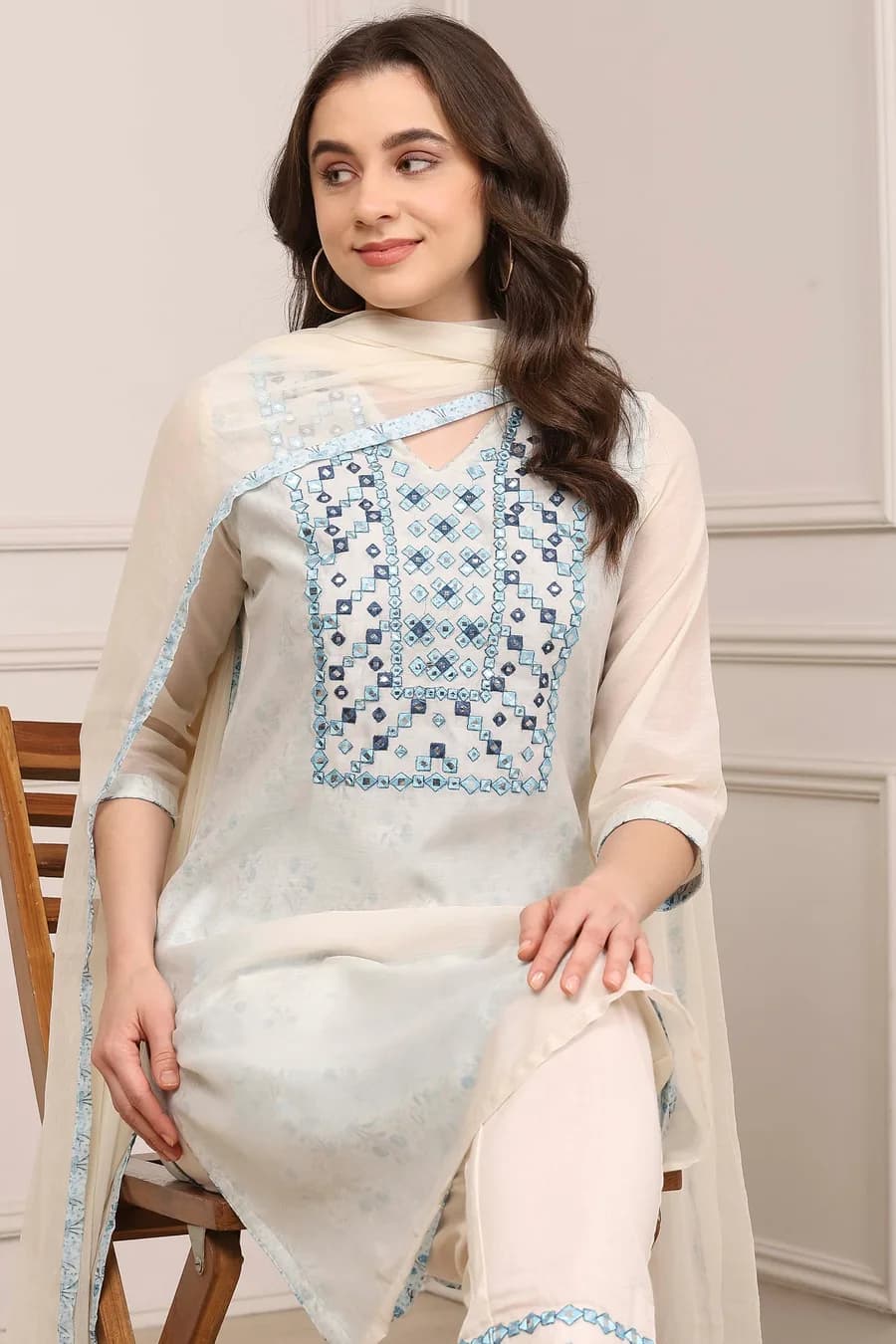 Cream-Colored Cotton Foil Printed Kalidar Suit Set — 2
