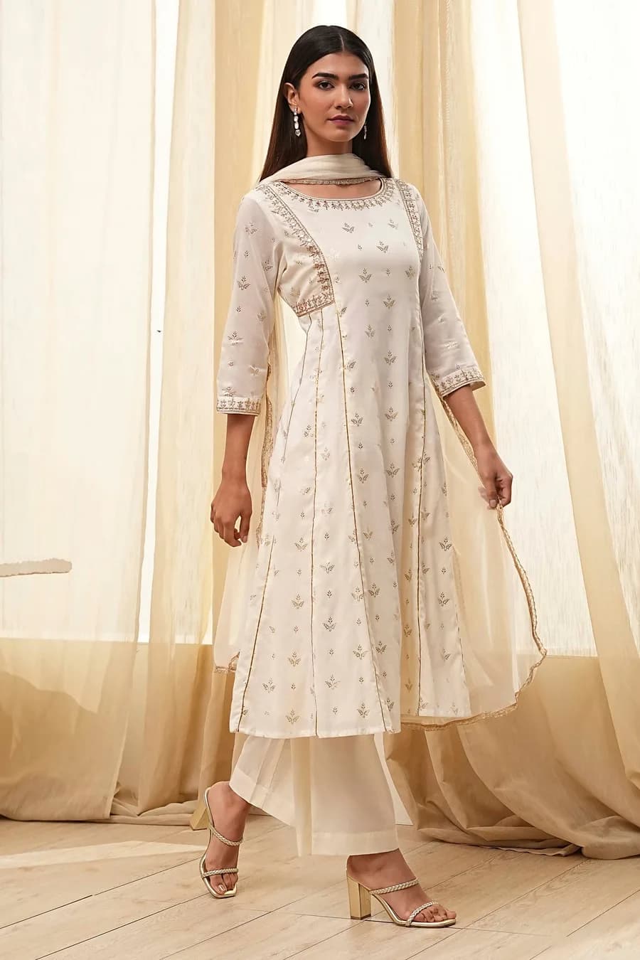 Cream-Colored Cotton Foil Printed Kalidar Suit Set — 1